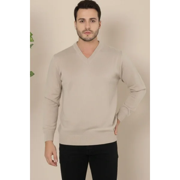 Erkek V Yaka Triko Kazak yumuşak dokulu Pamuklu ince Dokuma, uzun kollu Rahat Regular kalıp - Bej