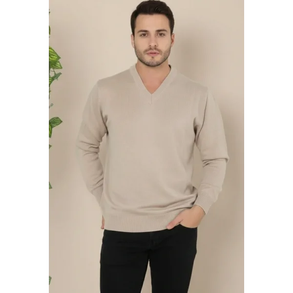 Erkek V Yaka Triko Kazak yumuşak dokulu Pamuklu ince Dokuma, uzun kollu Rahat Regular kalıp - Bej
