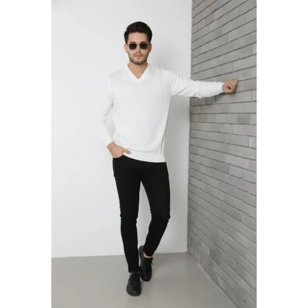 Erkek V Yaka Triko Kazak yumuşak dokulu Pamuklu ince Dokuma, uzun kollu Rahat Regular kalıp - Beyaz