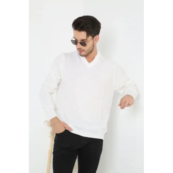 Erkek V Yaka Triko Kazak Yumuşak Dokulu Pamuklu Ince Dokuma, Uzun Kollu Rahat Regular Kalıp - Beyaz