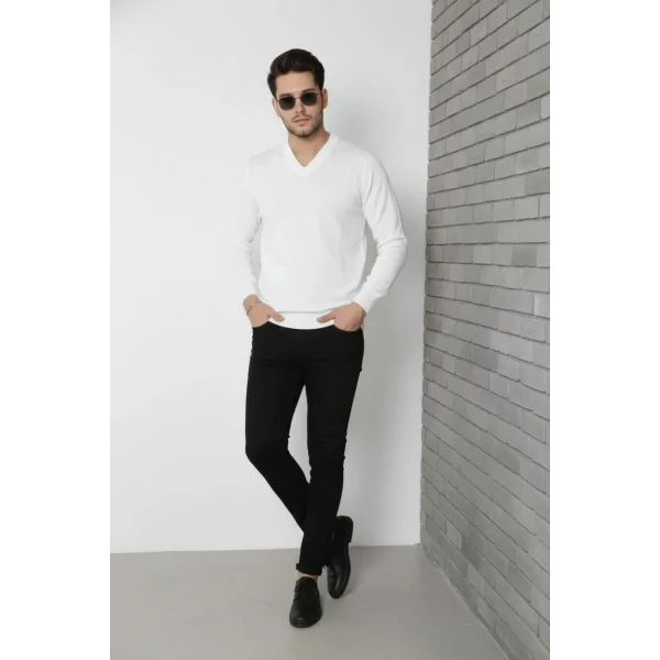 Erkek V Yaka Triko Kazak yumuşak dokulu Pamuklu ince Dokuma, uzun kollu Rahat Regular kalıp - Beyaz