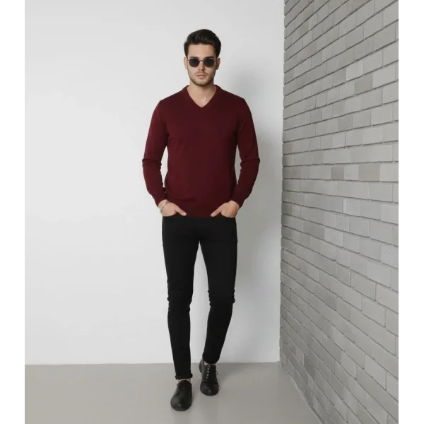 Erkek V Yaka Triko Kazak yumuşak dokulu Pamuklu ince Dokuma, uzun kollu Rahat Regular kalıp - Bordo