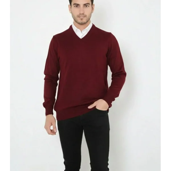 Erkek V Yaka Triko Kazak yumuşak dokulu Pamuklu ince Dokuma, uzun kollu Rahat Regular kalıp - Bordo