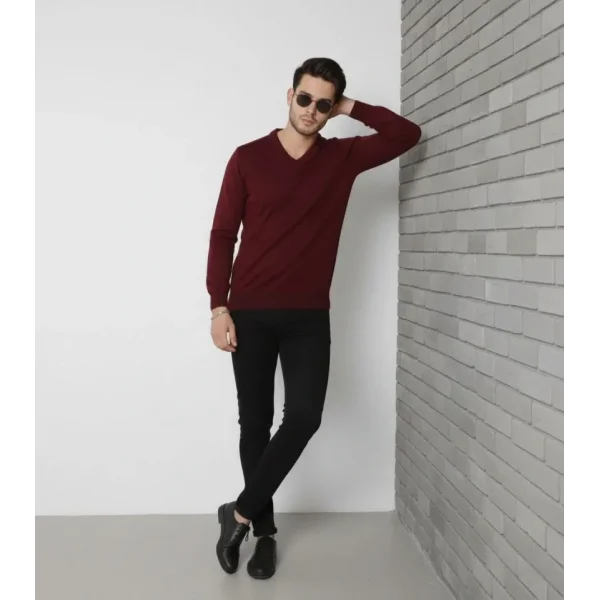 Erkek V Yaka Triko Kazak Yumuşak Dokulu Pamuklu Ince Dokuma, Uzun Kollu Rahat Regular Kalıp - Bordo