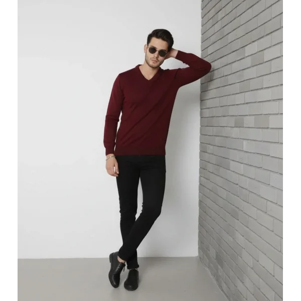 Erkek V Yaka Triko Kazak yumuşak dokulu Pamuklu ince Dokuma, uzun kollu Rahat Regular kalıp - Bordo
