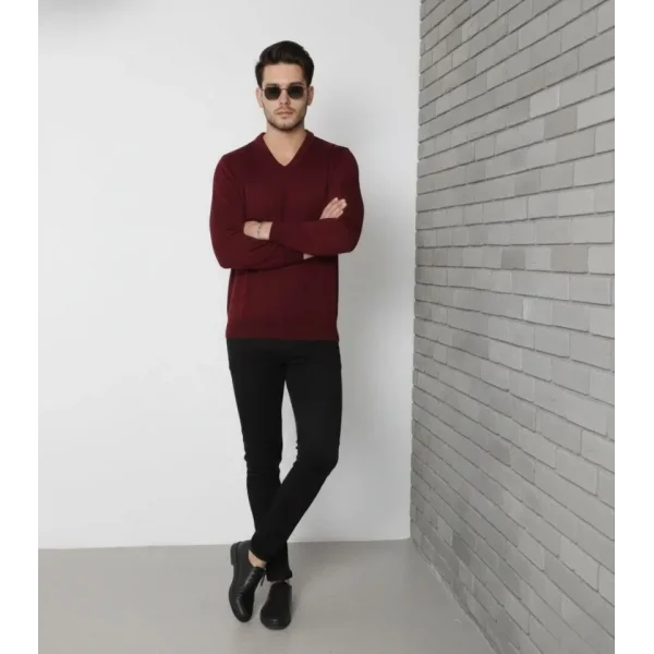 Erkek V Yaka Triko Kazak Yumuşak Dokulu Pamuklu Ince Dokuma, Uzun Kollu Rahat Regular Kalıp - Bordo
