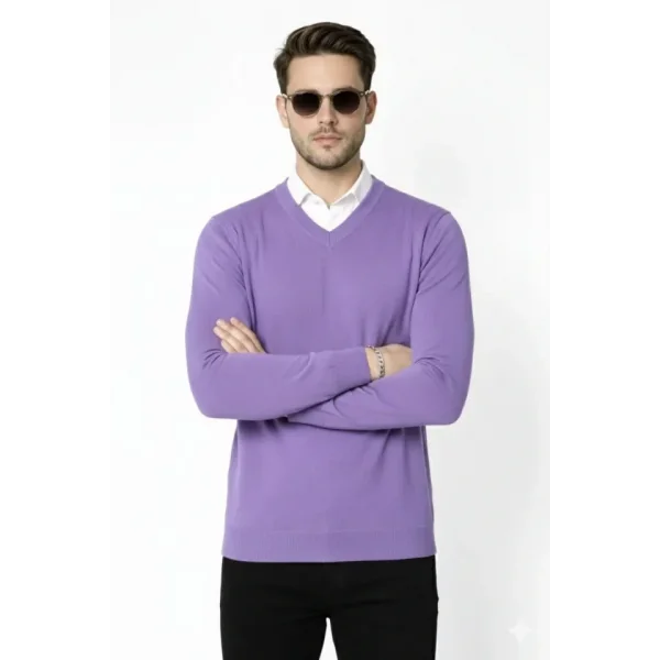 Erkek V Yaka Triko Kazak Yumuşak Dokulu Pamuklu Ince Dokuma, Uzun Kollu Rahat Regular Kalıp - Mor
