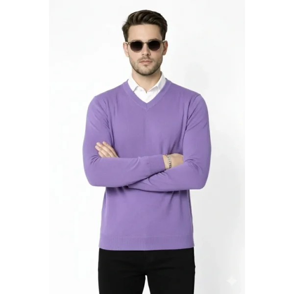 Erkek V Yaka Triko Kazak yumuşak dokulu Pamuklu ince Dokuma, uzun kollu Rahat Regular kalıp - Mor