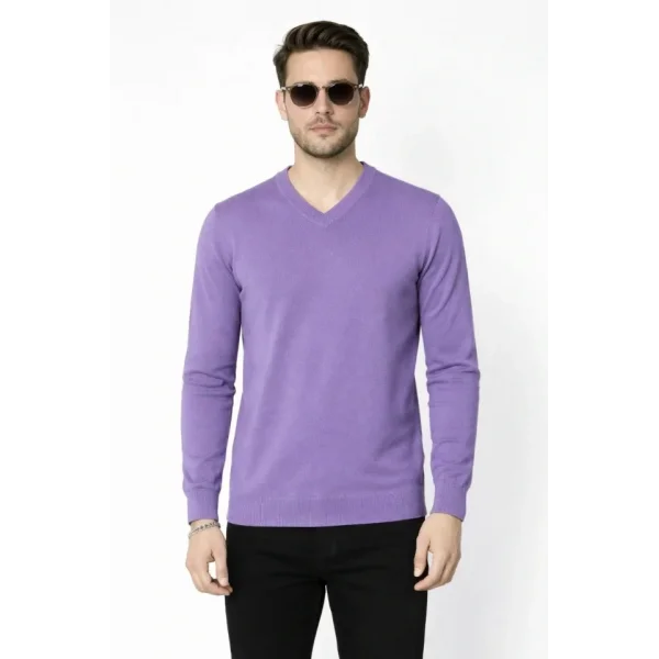 Erkek V Yaka Triko Kazak Yumuşak Dokulu Pamuklu Ince Dokuma, Uzun Kollu Rahat Regular Kalıp - Mor