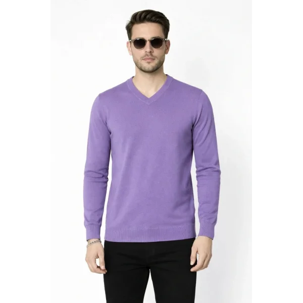 Erkek V Yaka Triko Kazak yumuşak dokulu Pamuklu ince Dokuma, uzun kollu Rahat Regular kalıp - Mor