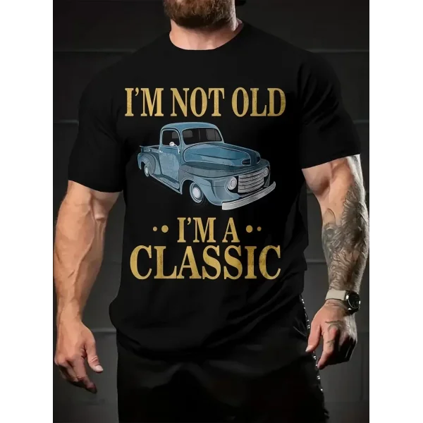 Erkek Vintage Araba Grafik T-Shirt - Ben Yaşlı Değilim Ben Bir Klasiğim Esprili Baskı  Nefes Alabilir Kumaş, Günlük Yaz ve Yıl Boyu Giyim için Oversize Kısa Kollu Tişört - Siyah