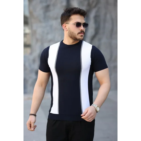 Erkek Viskon Kumaş Bisiklet Yaka çizgi Desenli Tişört