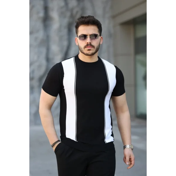 Erkek Viskon Kumaş Bisiklet Yaka çizgi Desenli Tişört