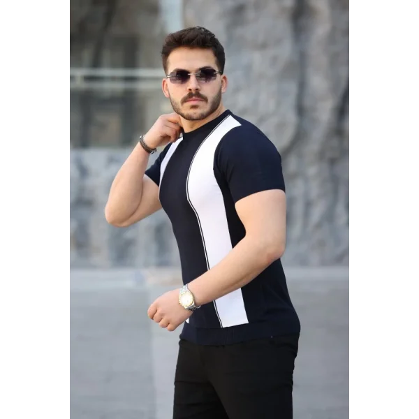 Erkek Viskon Kumaş Bisiklet Yaka çizgi Desenli Tişört