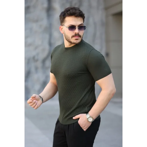 Erkek Viskon Kumaş Bisiklet Yaka Desenli Tişört