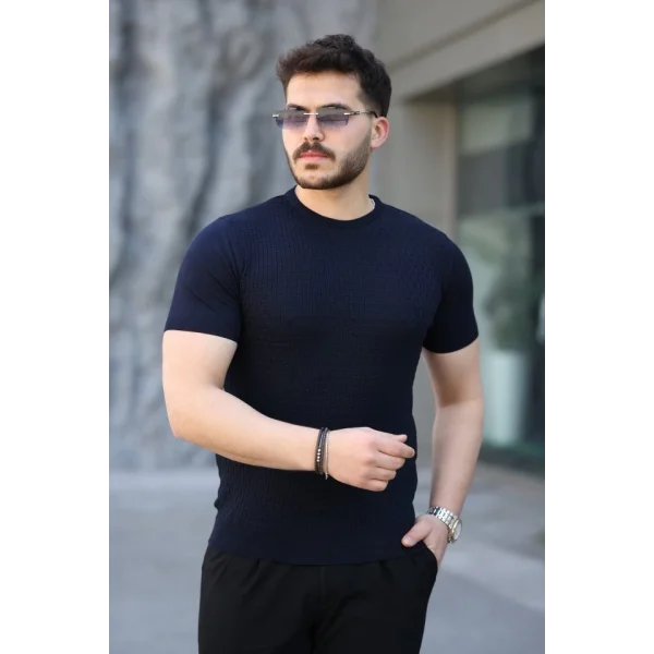 Erkek Viskon Kumaş Bisiklet Yaka Desenli Tişört