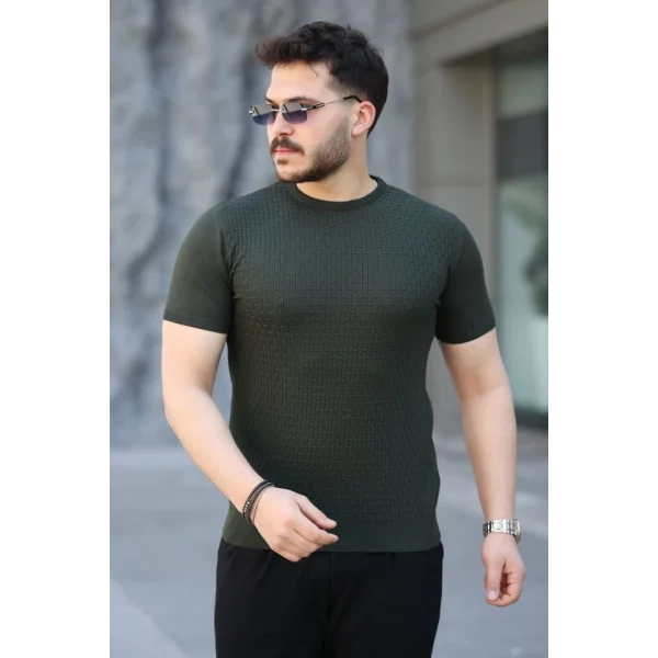 Erkek Viskon Kumaş Bisiklet Yaka Desenli Tişört