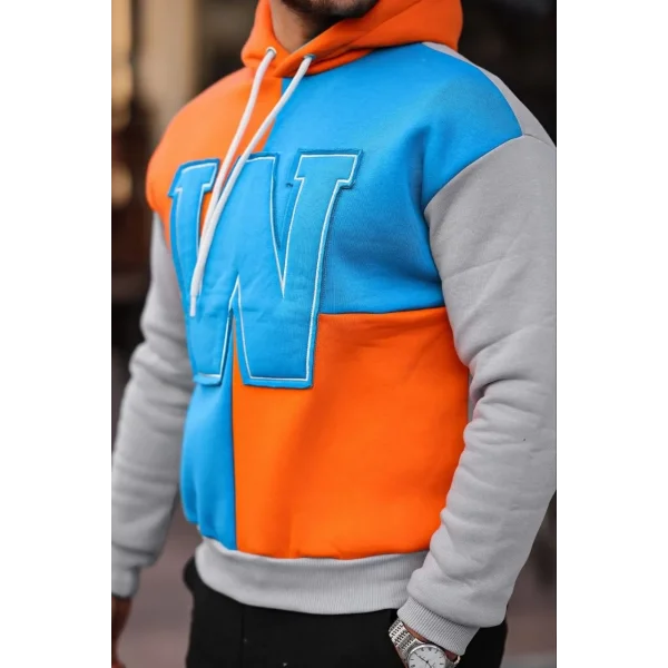 Erkek W Nakış İşlemeli Kapüşonlu Sweatshirt - Mavi