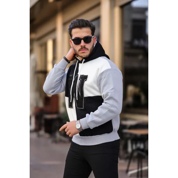 Erkek W Nakış İşlemeli Kapüşonlu Sweatshirt - Siyah