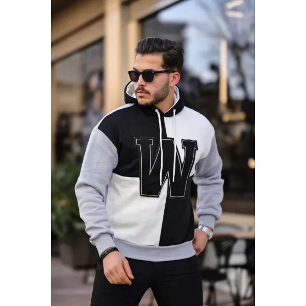 Erkek W Nakış İşlemeli Kapüşonlu Sweatshirt - Siyah