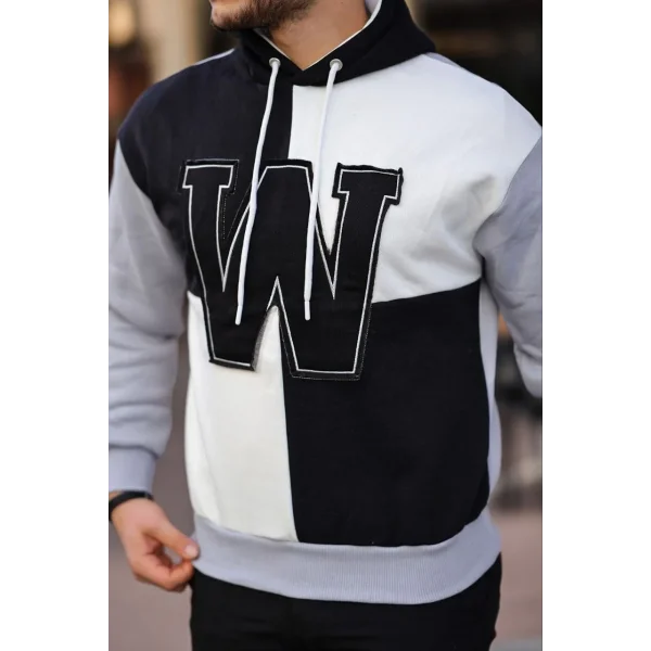 Erkek W Nakış İşlemeli Kapüşonlu Sweatshirt - Siyah