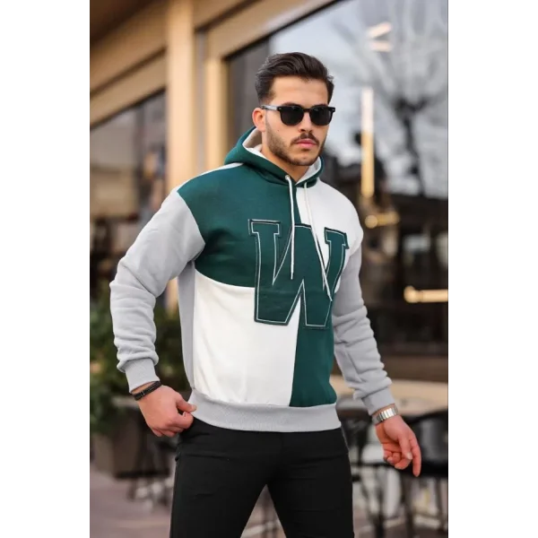 Erkek W Nakış İşlemeli Kapüşonlu Sweatshirt - Yeşil