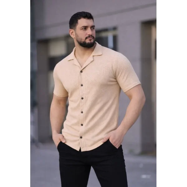 Erkek Waffle Kumaş Kısa Kollu Düğmeli Açık Yaka Regular Fit Gömlek - Bej