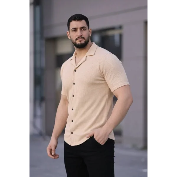 Erkek Waffle Kumaş Kısa Kollu Düğmeli Açık Yaka Regular Fit Gömlek - Bej