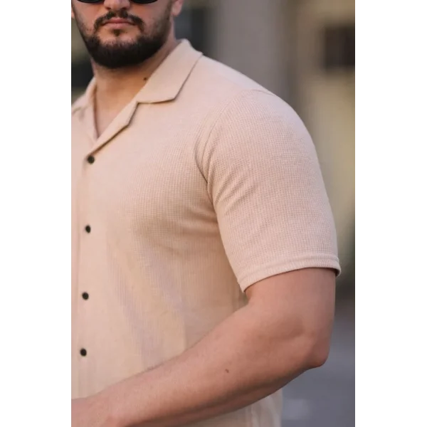 Erkek Waffle Kumaş Kısa Kollu Düğmeli Açık Yaka Regular Fit Gömlek - Bej