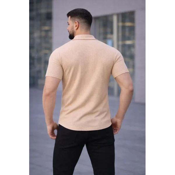 Erkek Waffle Kumaş Kısa Kollu Düğmeli Açık Yaka Regular Fit Gömlek - Bej