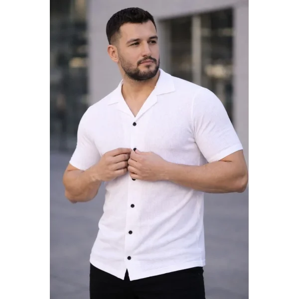 Erkek Waffle Kumaş Kısa Kollu Düğmeli Açık Yaka Regular Fit Gömlek - Beyaz