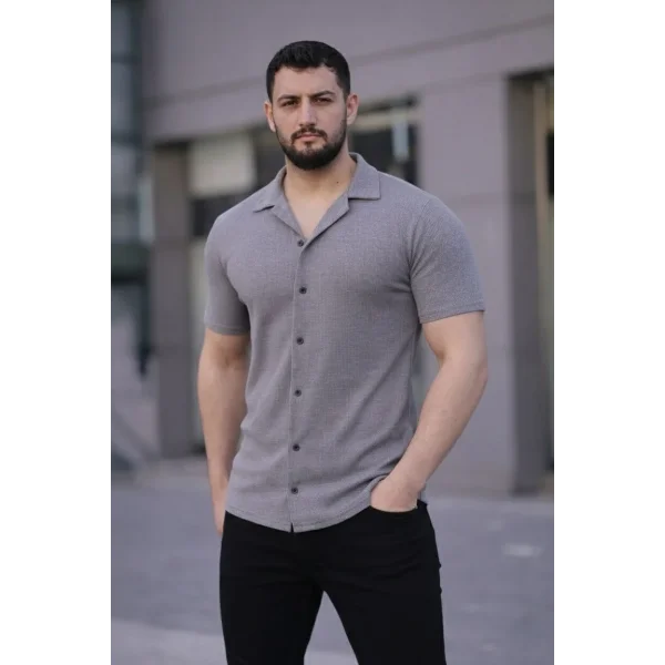 Erkek Waffle Kumaş Kısa Kollu Düğmeli Açık Yaka Regular Fit Gömlek - Gri