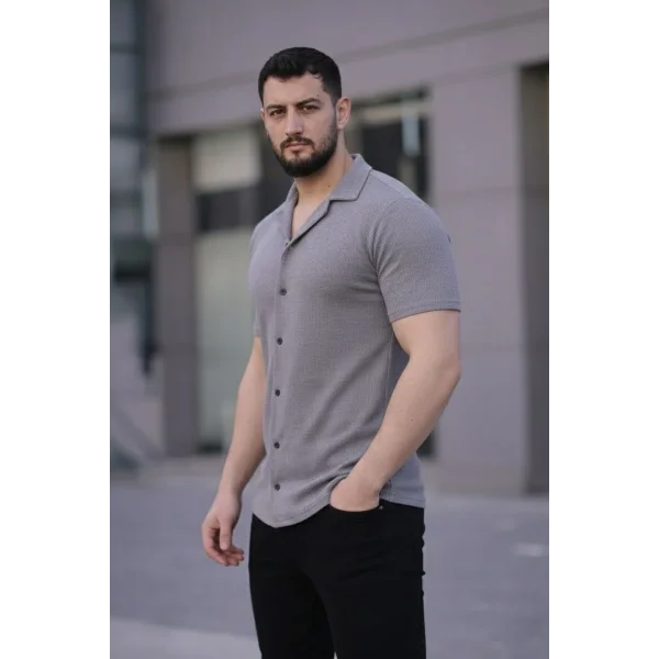 Erkek Waffle Kumaş Kısa Kollu Düğmeli Açık Yaka Regular Fit Gömlek - Gri