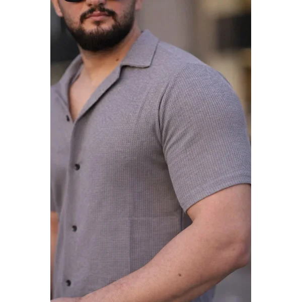 Erkek Waffle Kumaş Kısa Kollu Düğmeli Açık Yaka Regular Fit Gömlek - Gri