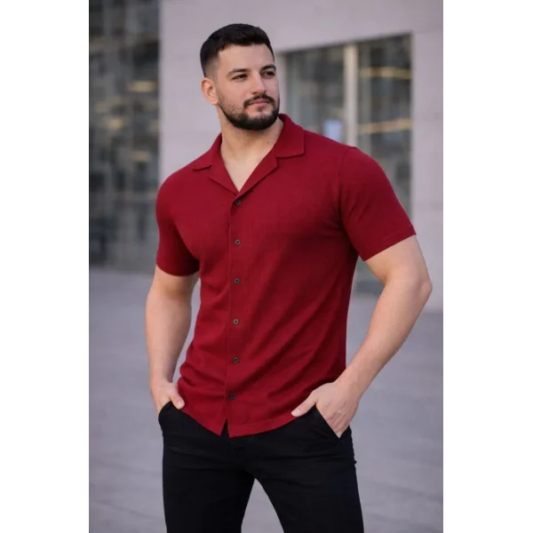 Erkek Waffle Kumaş Kısa Kollu Düğmeli Açık Yaka Regular Fit Gömlek - Kırmızı