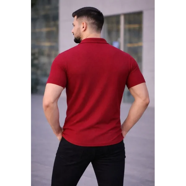 Erkek Waffle Kumaş Kısa Kollu Düğmeli Açık Yaka Regular Fit Gömlek - Kırmızı