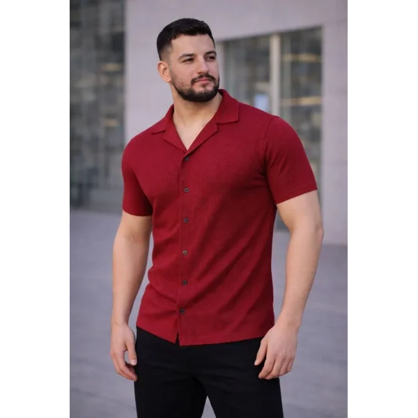 Erkek Waffle Kumaş Kısa Kollu Düğmeli Açık Yaka Regular Fit Gömlek - Kırmızı