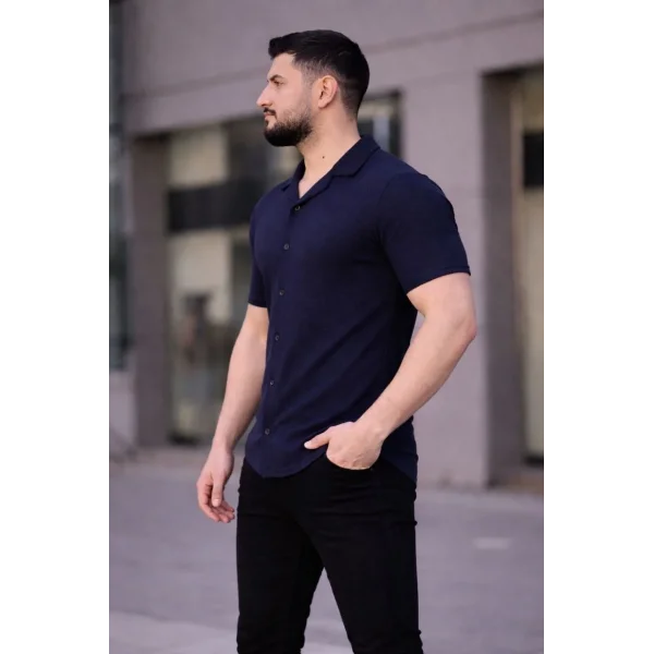 Erkek Waffle Kumaş Kısa Kollu Düğmeli Açık Yaka Regular Fit Gömlek - Lacivert