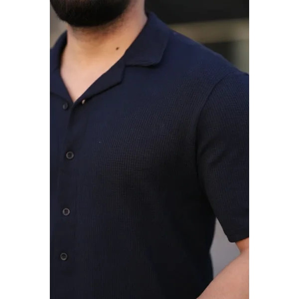 Erkek Waffle Kumaş Kısa Kollu Düğmeli Açık Yaka Regular Fit Gömlek - Lacivert