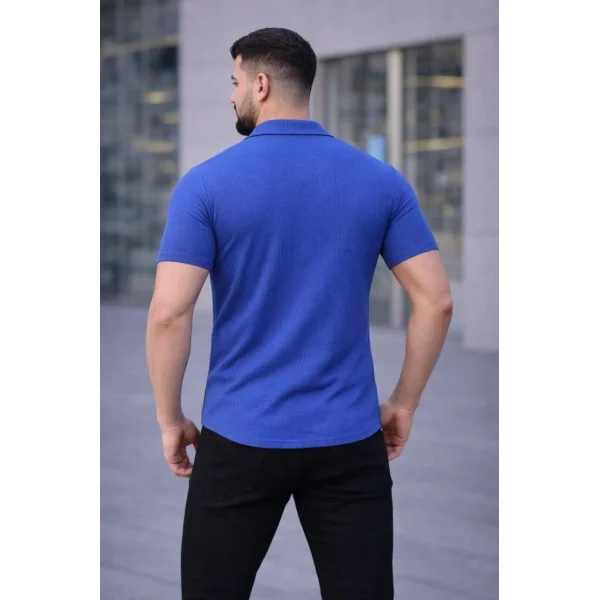 Erkek Waffle Kumaş Kısa Kollu Düğmeli Açık Yaka Regular Fit Gömlek - Saks Mavisi