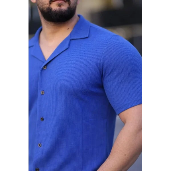 Erkek Waffle Kumaş Kısa Kollu Düğmeli Açık Yaka Regular Fit Gömlek - Saks Mavisi