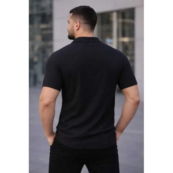 Erkek Waffle Kumaş Kısa Kollu Düğmeli Açık Yaka Regular Fit Gömlek - Siyah