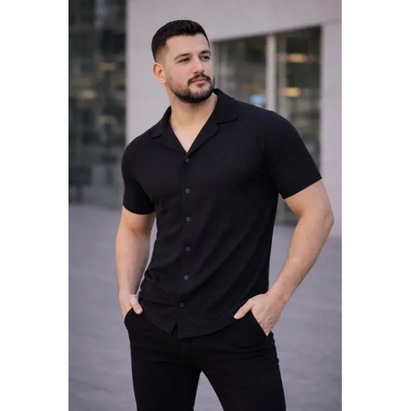 Erkek Waffle Kumaş Kısa Kollu Düğmeli Açık Yaka Regular Fit Gömlek - Siyah
