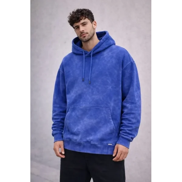 Erkek Yağ Yıkamalı Kapşonlu Double Oversize Üç İplik Pamuklu Sweatshirt - Mavi
