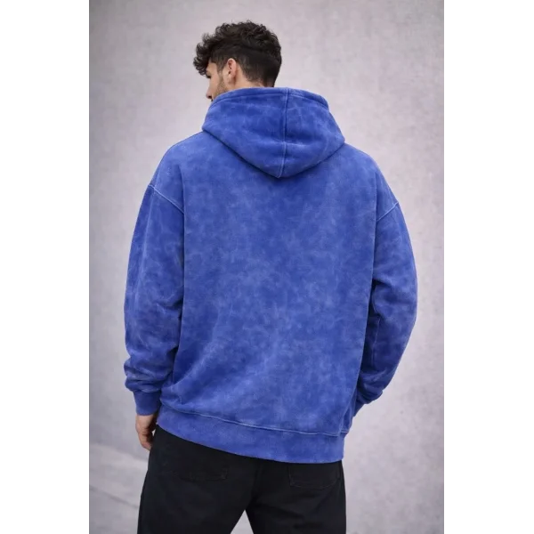 Erkek Yağ Yıkamalı Kapşonlu Double Oversize Üç İplik Pamuklu Sweatshirt - Mavi