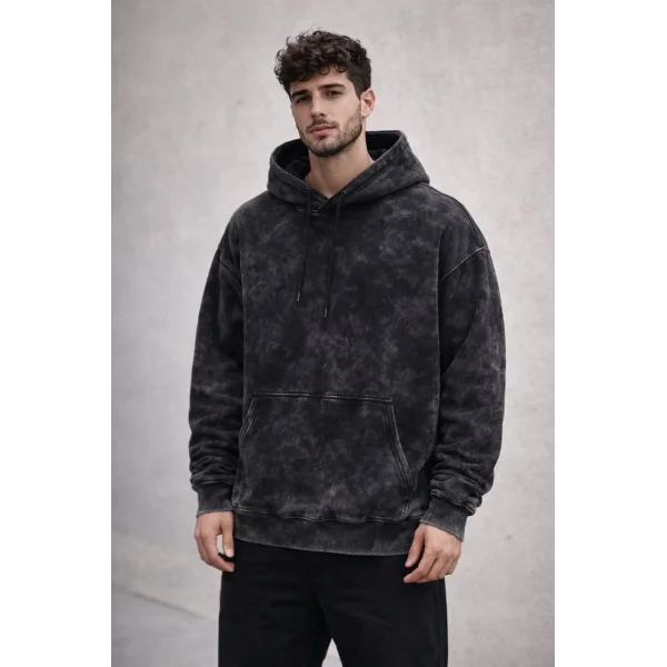 Erkek Yağ Yıkamalı Kapşonlu Double Oversize Üç İplik Pamuklu Sweatshirt - Siyah