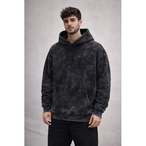 Erkek Yağ Yıkamalı Kapşonlu Double Oversize Üç İplik Pamuklu Sweatshirt - Siyah