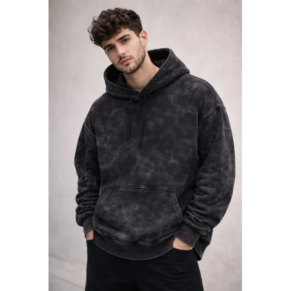 Erkek Yağ Yıkamalı Kapşonlu Double Oversize Üç İplik Pamuklu Sweatshirt - Siyah