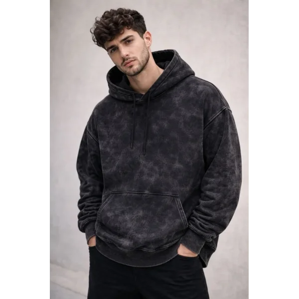 Erkek Yağ Yıkamalı Kapşonlu Double Oversize Üç İplik Pamuklu Sweatshirt - Siyah
