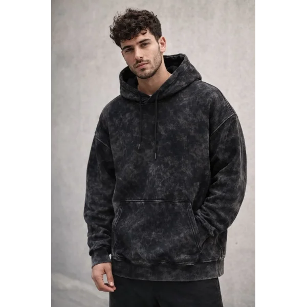 Erkek Yağ Yıkamalı Kapşonlu Double Oversize Üç İplik Pamuklu Sweatshirt - Siyah